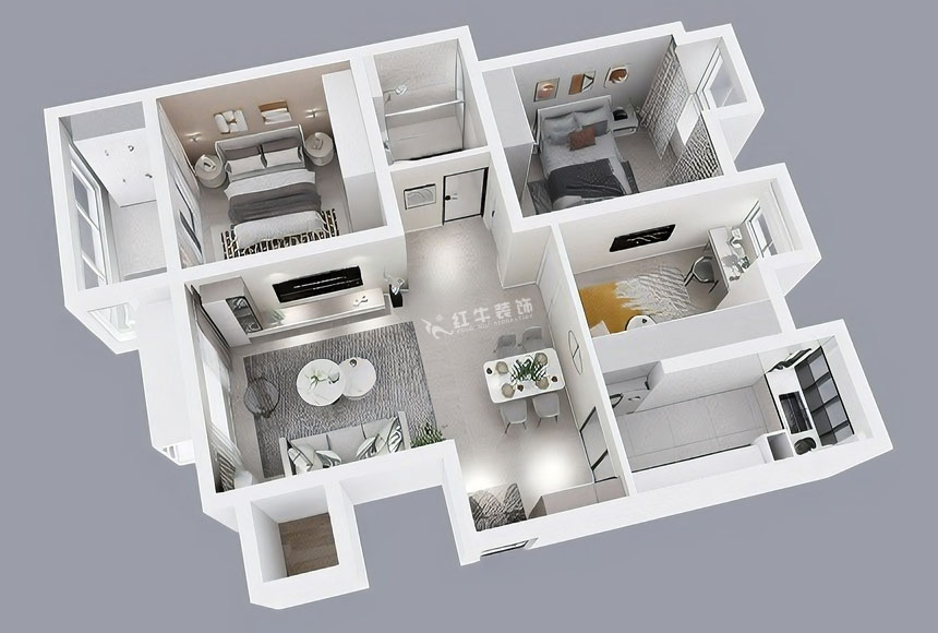 朱彦｜恒山花苑1-3-703-106㎡-现代简约风格｜3室2厅1卫｜新房装修｜定制家｜全包14万｜00_04鸟瞰图